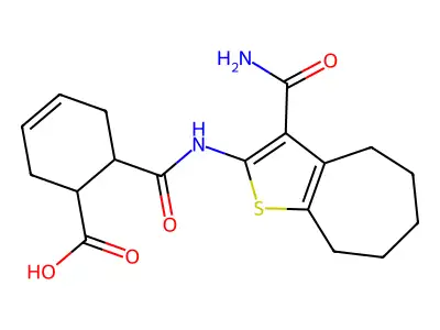 6-({[3-(aminocarbonyl)-5,6,7,8-tetrahydro-4H-cyclohepta[b]thien-2-yl]amino}carbonyl)-3-cyclohexene-1-carboxylic acid structure
