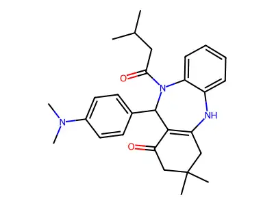 11-[4-(dimethylamino)phenyl]-3,3-dimethyl-10-(3-methylbutanoyl)-2,3,4,5,10,11-hexahydro-1H-dibenzo[b,e][1,4]diazepin-1-one structure