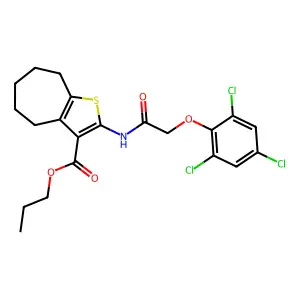 propyl 2-{[(2,4,6-trichlorophenoxy)acetyl]amino}-5,6,7,8-tetrahydro-4H-cyclohepta[b]thiophene-3-carboxylate structure
