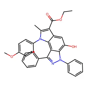 ethyl 5-hydroxy-1-(4-methoxyphenyl)-2-methyl-6,8-diphenyl-1,6-dihydropyrrolo[2,3-e]indazole-3-carboxylate structure