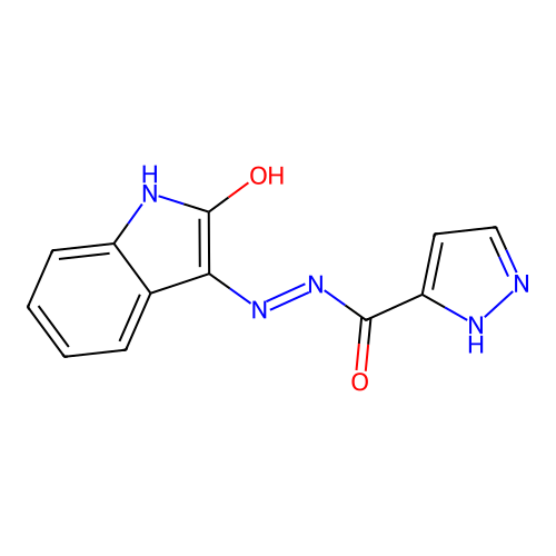 N'-[(3E)-2-oxo-1,2-dihydro-3H-indol-3-ylidene]-1H-pyrazole-5-carbohydrazide structure