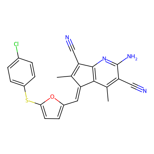 (5E)-2-amino-5-[[5-(4-chlorophenyl)sulfanylfuran-2-yl]methylidene]-4,6-dimethylcyclopenta[b]pyridine-3,7-dicarbonitrile structure