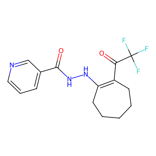 N'-[2-(trifluoroacetyl)cyclohept-1-en-1-yl]pyridine-3-carbohydrazide structure