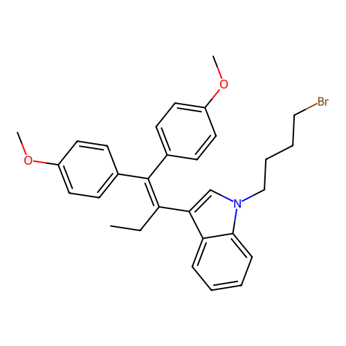 3-[1,1-bis(4-methoxyphenyl)but-1-en-2-yl]-1-(4-bromobutyl)-1H-indole structure