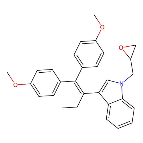 3-(1,1-bis(4-methoxyphenyl)but-1-en-2-yl)-1-(oxiran-2-ylmethyl)-1H-indole structure
