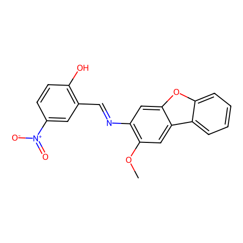 (E)-2-(((2-methoxydibenzo[b,d]furan-3-yl)imino)methyl)-4-nitrophenol structure