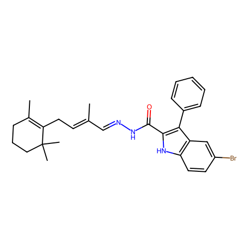 (E)-5-bromo-N'-((E)-2-methyl-4-(2,6,6-trimethylcyclohex-1-en-1-yl)but-2-en-1-ylidene)-3-phenyl-1H-indole-2-carbohydrazide structure