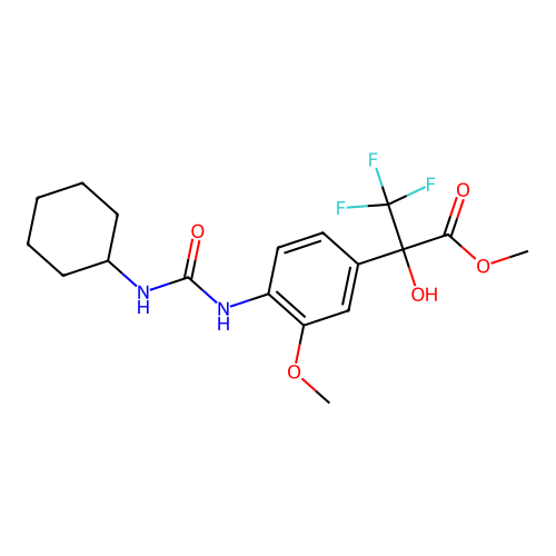 methyl 2-{4-[(cyclohexylcarbamoyl)amino]-3-methoxyphenyl}-3,3,3-trifluoro-2-hydroxypropanoate structure