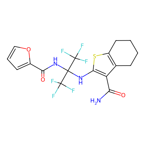 N-{2-[(3-carbamoyl-4,5,6,7-tetrahydro-1-benzothiophen-2-yl)amino]-1,1,1,3,3,3-hexafluoropropan-2-yl}furan-2-carboxamide structure