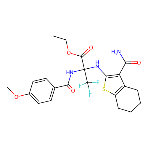 ETHYL 2-[(3-CARBAMOYL-4,5,6,7-TETRAHYDRO-1-BENZOTHIOPHEN-2-YL)AMINO]-3,3,3-TRIFLUORO-2-[(4-METHOXYPHENYL)FORMAMIDO]PROPANOATE structure