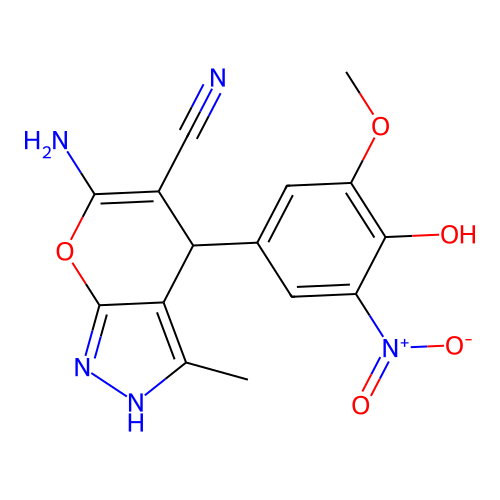 6-amino-4-(4-hydroxy-3-methoxy-5-nitrophenyl)-3-methyl-1,4-dihydropyrano[2,3-c]pyrazole-5-carbonitrile structure