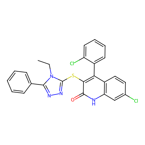 7-chloro-4-(2-chlorophenyl)-3-[(4-ethyl-5-phenyl-1,2,4-triazol-3-yl)sulfanyl]-1H-quinolin-2-one structure
