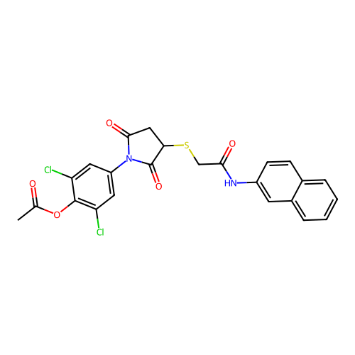 [2,6-dichloro-4-[3-[2-(naphthalen-2-ylamino)-2-oxoethyl]sulfanyl-2,5-dioxopyrrolidin-1-yl]phenyl] acetate structure