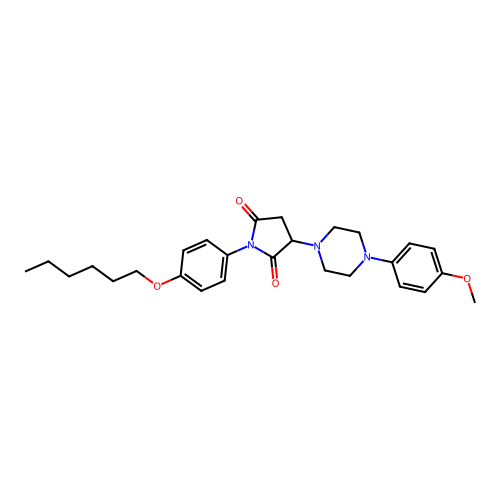 1-(4-hexoxyphenyl)-3-[4-(4-methoxyphenyl)piperazin-1-yl]pyrrolidine-2,5-dione structure