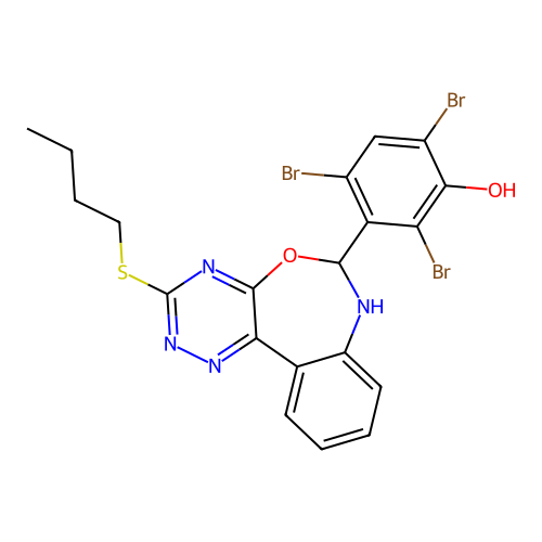 2,4,6-tribromo-3-(3-butylsulfanyl-6,7-dihydro-[1,2,4]triazino[5,6-d][3,1]benzoxazepin-6-yl)phenol structure