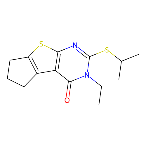 3-ethyl-2-(isopropylsulfanyl)-3,5,6,7-tetrahydro-4H-cyclopenta[4,5]thieno[2,3-d]pyrimidin-4-one structure