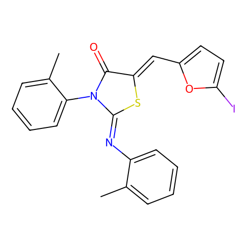5-[(5-iodo-2-furyl)methylene]-3-(2-methylphenyl)-2-[(2-methylphenyl)imino]-1,3-thiazolidin-4-one structure