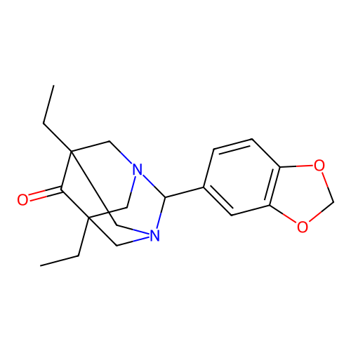 (1r,5R,7S)-2-(benzo[d][1,3]dioxol-5-yl)-5,7-diethyl-1,3-diazaadamantan-6-one structure