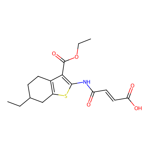 (2E)-4-{[3-(ethoxycarbonyl)-6-ethyl-4,5,6,7-tetrahydro-1-benzothiophen-2-yl]amino}-4-oxobut-2-enoic acid structure