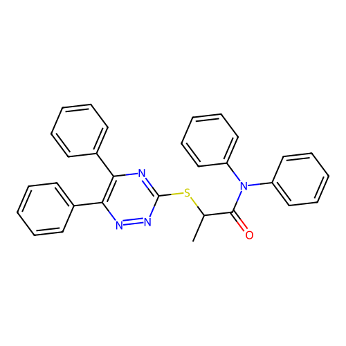 2-[(5,6-diphenyl-1,2,4-triazin-3-yl)sulfanyl]-N,N-diphenylpropanamide structure