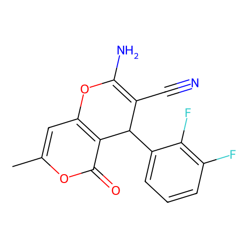 2-amino-4-(2,3-difluorophenyl)-7-methyl-5-oxo-4H,5H-pyrano[4,3-b]pyran-3-carbonitrile structure