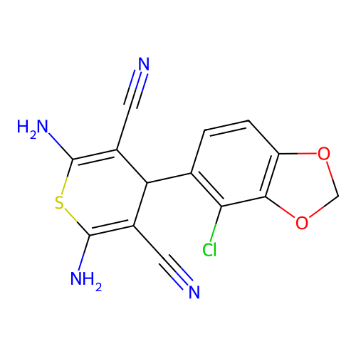 2,6-diamino-4-(4-chloro-1,3-benzodioxol-5-yl)-4H-thiopyran-3,5-dicarbonitrile structure