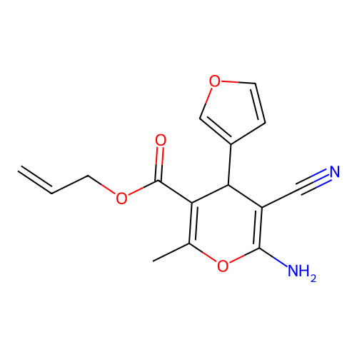 prop-2-en-1-yl 6-amino-5-cyano-4-(furan-3-yl)-2-methyl-4H-pyran-3-carboxylate structure