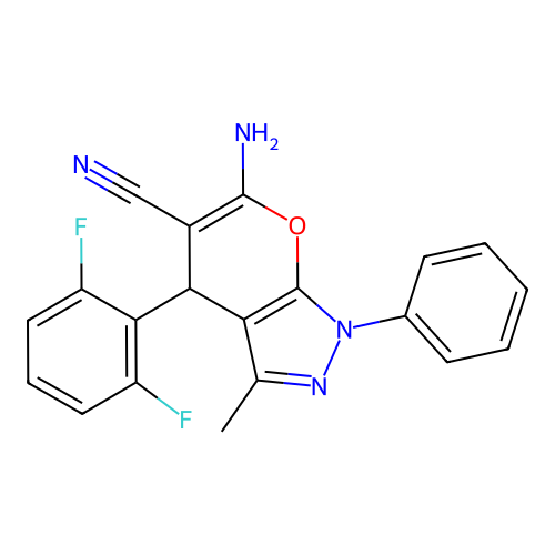 6-amino-4-(2,6-difluorophenyl)-3-methyl-1-phenyl-1,4-dihydropyrano[2,3-c]pyrazole-5-carbonitrile structure