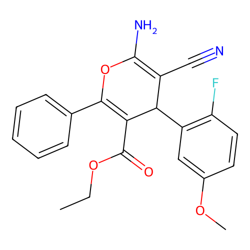 ethyl 6-amino-5-cyano-4-(2-fluoro-5-methoxyphenyl)-2-phenyl-4H-pyran-3-carboxylate structure
