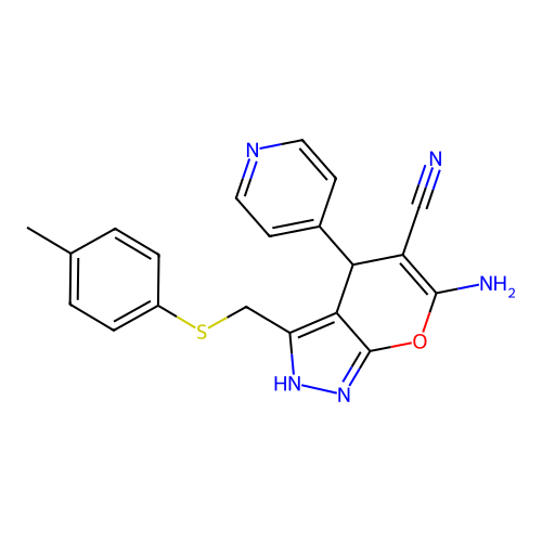 6-amino-3-[(4-methylphenyl)sulfanylmethyl]-4-pyridin-4-yl-2,4-dihydropyrano[2,3-c]pyrazole-5-carbonitrile structure