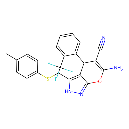 6-amino-3-((p-tolylthio)methyl)-4-(2-(trifluoromethyl)phenyl)-2,4-dihydropyrano[2,3-c]pyrazole-5-carbonitrile structure
