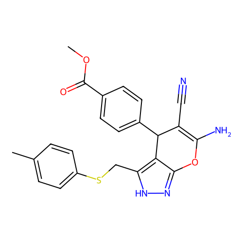 methyl 4-(6-amino-5-cyano-3-((p-tolylthio)methyl)-2,4-dihydropyrano[2,3-c]pyrazol-4-yl)benzoate structure