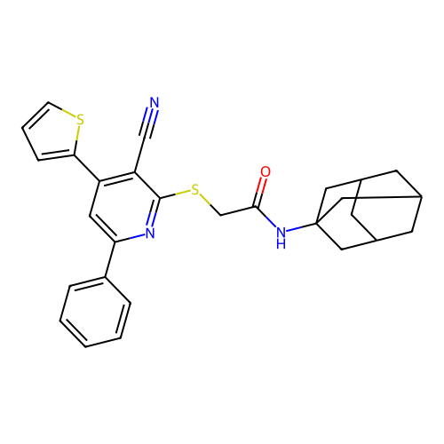 N-adamantanyl-2-(3-cyano-6-phenyl-4-(2-thienyl)(2-pyridylthio))acetamide structure
