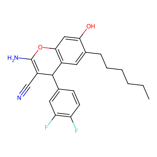 2-amino-4-(3,4-difluorophenyl)-6-hexyl-7-hydroxy-4H-chromene-3-carbonitrile structure