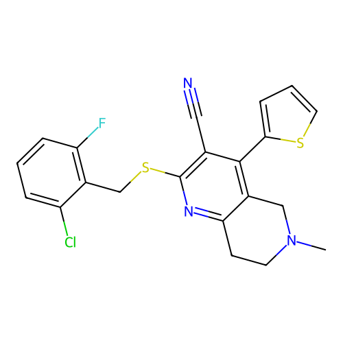 2-((2-chloro-6-fluorobenzyl)thio)-6-methyl-4-(thiophen-2-yl)-5,6,7,8-tetrahydro-1,6-naphthyridine-3-carbonitrile structure