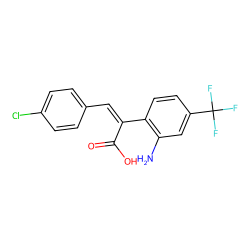 (Z)-2-[2-amino-4-(trifluoromethyl)phenyl]-3-(4-chlorophenyl)prop-2-enoic acid structure