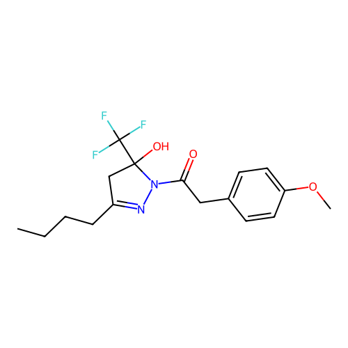 1-[3-butyl-5-hydroxy-5-(trifluoromethyl)-4,5-dihydro-1H-pyrazol-1-yl]-2-(4-methoxyphenyl)ethanone structure