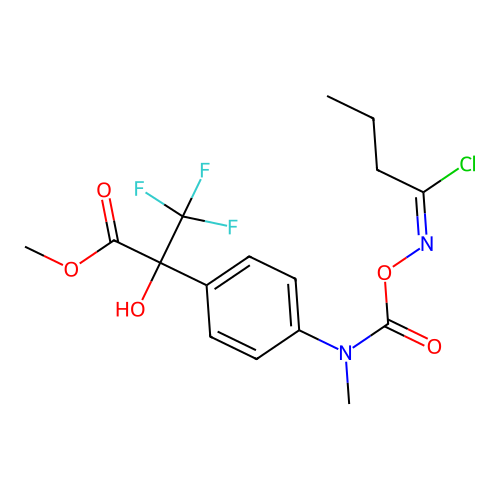 (E)-methyl 2-(4-(((((1-chlorobutylidene)amino)oxy)carbonyl)(methyl)amino)phenyl)-3,3,3-trifluoro-2-hydroxypropanoate structure