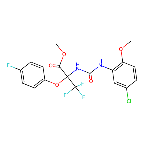 methyl 2-(3-(5-chloro-2-methoxyphenyl)ureido)-3,3,3-trifluoro-2-(4-fluorophenoxy)propanoate structure