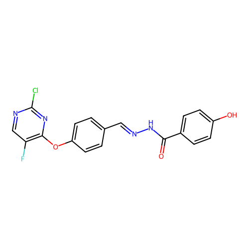 (E)-N'-(4-((2-chloro-5-fluoropyrimidin-4-yl)oxy)benzylidene)-4-hydroxybenzohydrazide structure