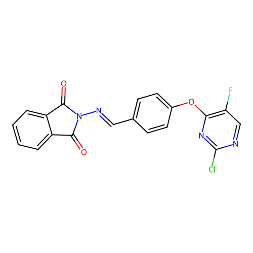 (E)-2-((4-((2-chloro-5-fluoropyrimidin-4-yl)oxy)benzylidene)amino)isoindoline-1,3-dione structure