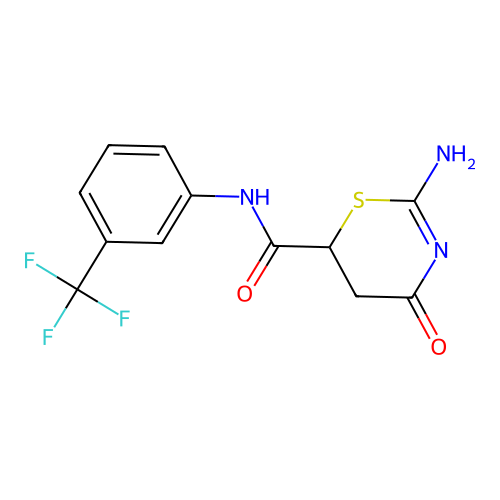 2-amino-4-oxo-N-[3-(trifluoromethyl)phenyl]-5,6-dihydro-1,3-thiazine-6-carboxamide structure