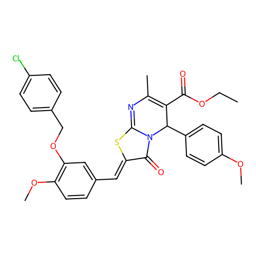 ethyl 2-{3-[(4-chlorobenzyl)oxy]-4-methoxybenzylidene}-5-(4-methoxyphenyl)-7-methyl-3-oxo-2,3-dihydro-5H-[1,3]thiazolo[3,2-a]pyrimidine-6-carboxylate structure