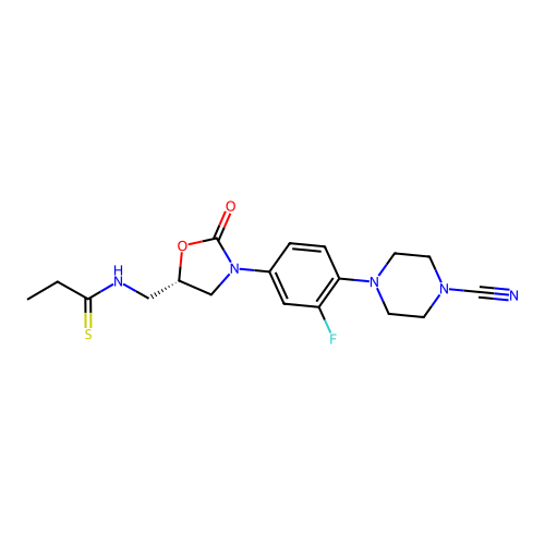 N-(((5S)-3-(4-(4-Cyano-1-piperazinyl)-3-fluorophenyl)-2-oxo-5-oxazolidinyl)methyl)propanethioamide structure