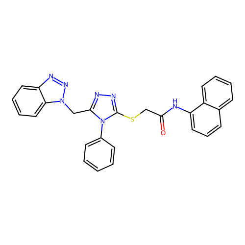 2-[[5-(benzotriazol-1-ylmethyl)-4-phenyl-1,2,4-triazol-3-yl]sulfanyl]-N-naphthalen-1-ylacetamide structure