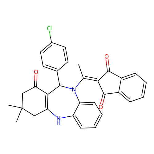 2-{1-[11-(4-chlorophenyl)-3,3-dimethyl-1-oxo-1,2,3,4,5,11-hexahydro-10H-dibenzo[b,e][1,4]diazepin-10-yl]ethylidene}-1H-indene-1,3(2H)-dione structure