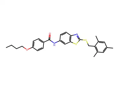 4-butoxy-N-{2-[(mesitylmethyl)sulfanyl]-1,3-benzothiazol-6-yl}benzamide structure