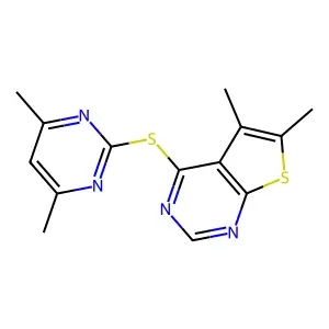 2-({5,6-Dimethylthieno[2,3-d]pyrimidin-4-yl}sulfanyl)-4,6-dimethylpyrimidine structure