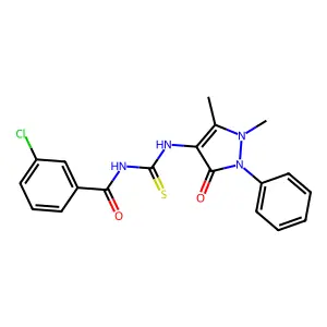 3-chloro-N-((1,5-dimethyl-3-oxo-2-phenyl-2,3-dihydro-1H-pyrazol-4-yl)carbamothioyl)benzamide structure