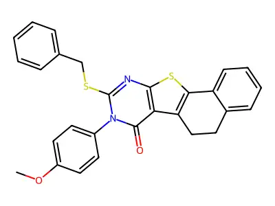 9-(benzylsulfanyl)-8-(4-methoxyphenyl)-5,8-dihydronaphtho[2',1':4,5]thieno[2,3-d]pyrimidin-7(6H)-one structure